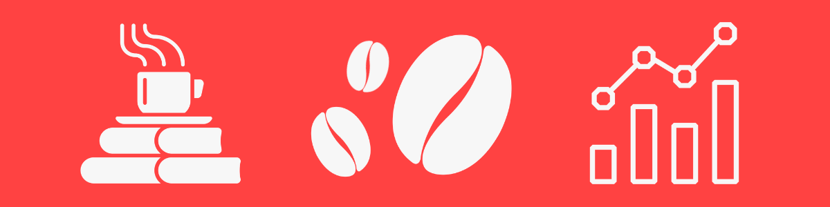 Pictogrammes d'une tasse de café, de grains de café et d'un histogramme.