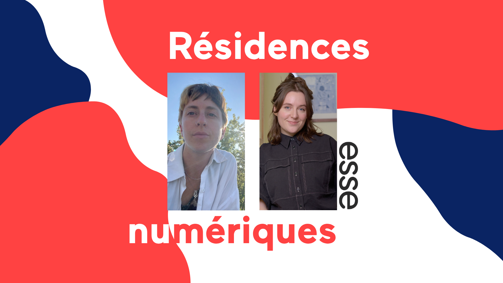 Photos des deux essayistes sur fond blanc, bleu et rouge.